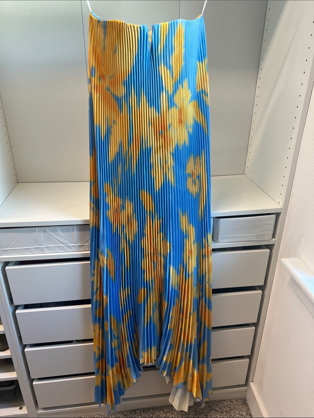 L’Idee Jardin Blue Pleated Gown Floral Strapless Maxi Dress in Blue and Yellow